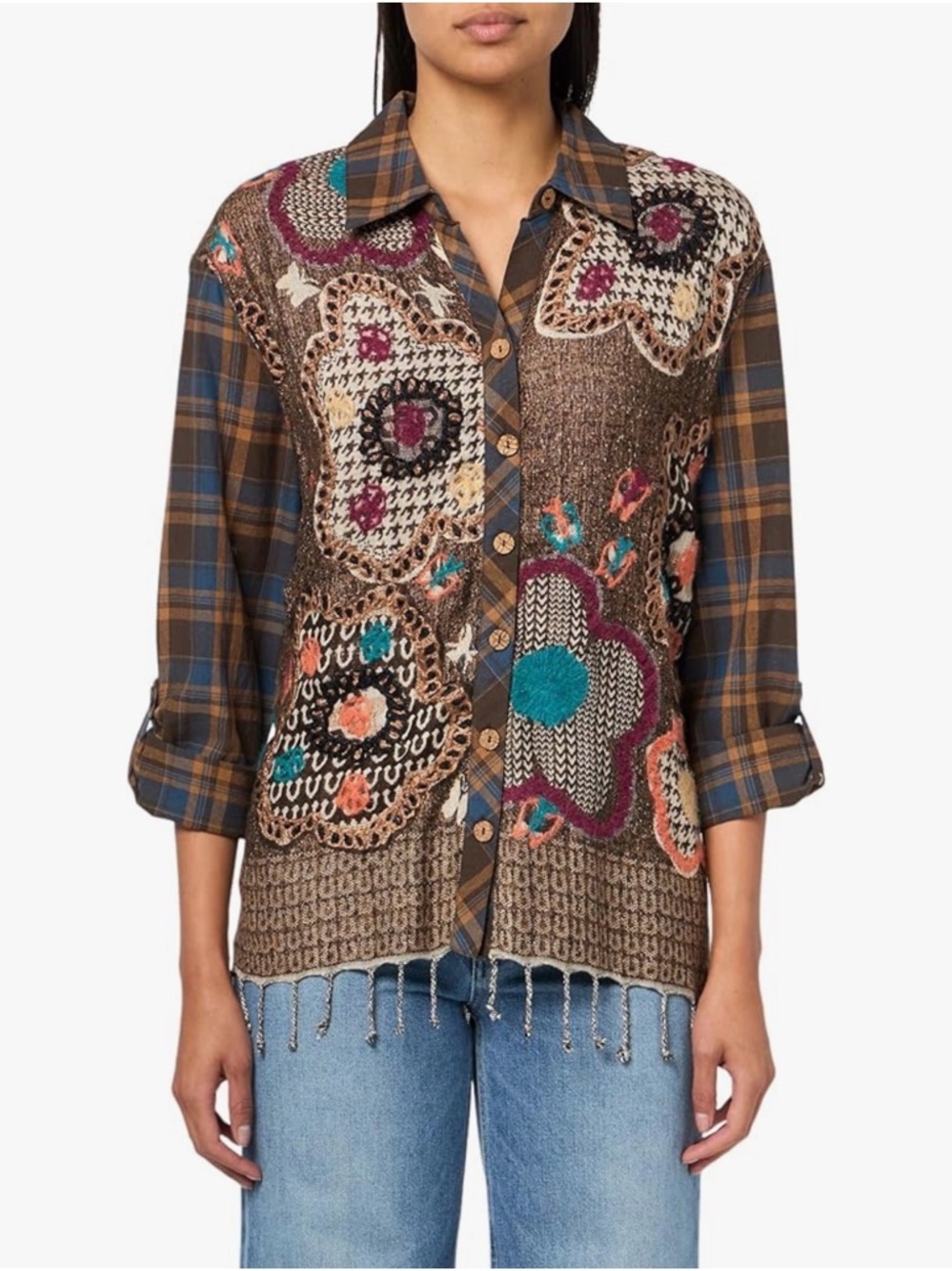 John Mark Mixed-Pattern Button Front Short w/ Embroidered Accents & Dangle Hem.